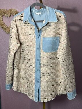 Dance & Marvel Cream Tweed Button-Down Shirt with Light Blue Denim Trim